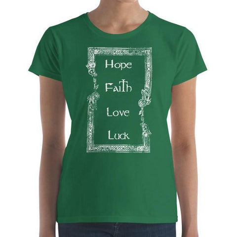 Women's short sleeve Hope, faith, love, luck t-shirt from American Icon for Saint Patrick's Day.
